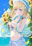  1girl aizawa_ema aqua_hair artist_name bikini blonde_hair blue_bow blue_eyes blue_nails blue_sky blush bow braid breasts cleavage closed_mouth cloud cloudy_sky floating_hair flower gradient_hair hat hat_bow highres hinakisara holding holding_flower long_hair multicolored_hair navel outdoors single_braid sky smile solo stomach sunflower swimsuit twitter_username virtual_youtuber vspo! white_hat 