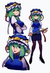  1girl asymmetrical_hair black_eyes black_hat black_shoes black_skirt blue_vest bow breasts buttons collared_vest cropped_torso crossed_arms epaulettes frilled_hat frills full_body green_hair hair_between_eyes hat high_heels highres holding iganashi1 light_frown long_sleeves looking_at_viewer medium_breasts miniskirt multiple_views no_pupils pantyhose red_bow rod_of_remorse shiki_eiki shirt shoes short_hair skirt sleeve_bow smile standing touhou upper_body vest white_bow white_shirt 