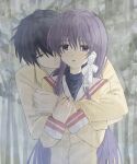  1boy 1girl blazer blue_hair blush clannad frown fujibayashi_kyou highres hikarizaka_private_high_school_uniform hug hug_from_behind jacket long_hair nnnyanrrr okazaki_tomoya purple_eyes purple_hair rain ribbon sad school_uniform tears tree white_ribbon 
