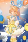  1girl absurdres animal_bag backpack bag balloon balloon_trip_(infinity_nikki) bird blue_hairband blue_ribbon blunt_bangs blurry blurry_background bow bow_legwear braid brown_hair bubble_skirt choker closed_mouth cowboy_shot detached_sleeves dot_nose dress duck duck_tail eyelashes fake_tail flower frilled_choker frilled_dress frilled_hairband frilled_sleeves frilled_thighhighs frills fur_skirt hair_flower hair_intakes hair_ornament hair_ribbon hairband happy hechaofusiji15819 highres holding holding_balloon infinity_nikki lace-trimmed_dress lace-trimmed_thighhighs lace_trim large_ribbon long_hair long_sleeves looking_ahead loose_hair_strand low_twin_braids miniskirt nikki_(series) ocean orange_eyes orange_flower orange_sky outdoors pleated_dress polka_dot polka_dot_dress pom_pom_(clothes) ribbon seagull see-through_clothes see-through_sleeves short_dress skirt skirt_under_dress sky sleeveless sleeveless_dress smile solo standing sunset tail tareme thighhighs twin_braids very_long_hair white_bag white_choker white_flower white_skirt white_sleeves yellow_bow yellow_dress yellow_flower yellow_theme 