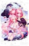  3girls angel_wings black_dress black_shorts blue_eyes breasts coat color_connection company_connection corset cyrene_(honkai:_star_rail) diamond-shaped_pupils diamond_(shape) dress elysia_(herrscher_of_human:_ego)_(honkai_impact) elysia_(honkai_impact) falkenhayn_mercenary_leader_(zenless_zone_zero) hair_color_connection highres honkai:_star_rail honkai_(series) honkai_impact_3rd inoue_marina jingxinzhiyun large_breasts long_hair mihoyo missing_commentary multiple_girls pink_hair purple_coat purple_eyes short_hair shorts symbol-shaped_pupils thigh_strap transparent_background veil very_long_hair voice_actor_connection watermark white_corset white_veil wings yanning zenless_zone_zero 