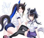  2girls absurdres alternate_costume ass black_choker black_hair black_thighhighs bloomers blue_bloomers blue_hair breasts choker colored_inner_hair drawn_wings flower_knot grey_hair gym_uniform hair_ornament highres hololive hololive_english horse horse_girl horse_tail jewelry large_breasts long_hair looking_at_viewer mole mole_under_eye multicolored_hair multiple_girls multiple_rings nerissa_ravencroft open_mouth ponytail purple_eyes purple_shorts ring shiori_novella shirt shoes short_shorts shorts sidelocks simple_background slit_pupils sneakers split-color_hair straight_hair sweat t-shirt tail tail_through_clothes tassel tassel_hair_ornament thighhighs umamusume very_long_hair virtual_youtuber white_background white_shirt yellow_eyes yomosaka 
