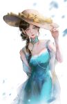  1girl absurdres bare_arms bare_shoulders beads black_hair blue_dress blue_eyes bow breasts brown_hat china_dress chinese_clothes closed_mouth collared_dress cowboy_shot dabajiao dress expressionless eyelashes eyeshadow hair_beads hair_bun hair_ornament hair_over_shoulder hand_on_headwear hat hat_bow high_collar highres infinity_nikki lipstick long_hair looking_at_viewer makeup mandarin_collar medium_breasts misty_poetics_(infinity_nikki) nikki_(series) parted_bangs petals pink_eyeshadow red_lips see-through_clothes see-through_dress shawl simple_background single_side_bun sleeveless sleeveless_dress solo standing sun_hat wavy_hair white_background white_shawl yellow_bow 