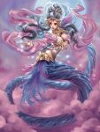  1girl bird black_eyes black_hair blue_feathers blue_scales breasts chinese_mythology cloud feather_hair_ornament feathers floating frilled_shirt frills full_moon gem glowing_bird gold_ring gold_tiara gorget hair_ornament highres large_breasts long_sleeves looking_to_the_side moon nuwa_(chinese_mythology) outdoors pink_clouds pink_feathers pink_gemstone pink_shawl pink_sky pursed_lips reaching shawl shirt sky solo stomach tan very_long_tail yunaxd 