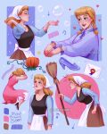  1girl apron artist_name black_shirt blonde_hair blue_eyes blue_shirt broom brown_skirt bubble cinderella_(disney_character) cinderella_(disney_movie) dress english_text highres holding holding_broom long_hair luztapiaart multiple_views musical_note pink_dress pumpkin shirt skirt sleeveless sleeveless_dress sleeveless_shirt waist_apron watermark white_apron 