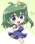  1girl :d ahoge barefoot blue_dress blue_eyes blush breasts chibi chibi_only collared_shirt commentary_request daiyousei dress fairy_wings full_body green_background green_hair hair_ribbon highres long_hair looking_at_viewer neck_ribbon open_mouth pinafore_dress ribbon rokugou_daisuke shirt short_sleeves side_ponytail signature sleeveless sleeveless_dress smile solo touhou two-tone_background walking white_background white_shirt wings yellow_ribbon 