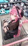  1girl animal_ear_piercing animal_ears beret black_bra black_choker black_hair black_hat black_hoodie black_shirt blush bow bra breasts character_doll chattino_(raora_panthera) choker closed_mouth commentary doll fish_skeleton_hair_ornament fishnet_thighhighs fishnets floral_print_shirt grey_skirt hair_intakes hair_ornament hairclip hat heart heart_o-ring highres hololive hololive_english hood hoodie in_shopping_cart large_breasts leg_warmers long_hair looking_at_viewer looking_back multicolored_hair o-ring o-ring_thigh_strap omochiarts panther_ears panther_girl panther_tail paw_print pink_bow pink_hair pleated_skirt price_tag raora_panthera safety_pin shirt shopping_cart skirt sleeves_past_fingers sleeves_past_wrists smile solo spiked_choker spikes streaked_hair striped_clothes striped_hoodie striped_thighhighs stuffed_toy tail thigh_strap thighhighs thighs torn_clothes torn_thighhighs underwear very_long_sleeves virtual_youtuber white_leg_warmers yellow_eyes 
