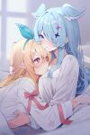  2girls blonde_hair blue_eyes blue_hair blush bow commentary deyui dragon_girl elira_pendora english_commentary fairy flower green_ribbon hair_flower hair_ornament hair_over_one_eye head_wings heart heart-shaped_pupils hickey highres hug long_hair lying multiple_girls nijisanji nijisanji_en on_back on_stomach one_eye_covered open_mouth pointy_ears pomu_rainpuff red_eyes ribbon saliva shirt symbol-shaped_pupils upper_body virtual_youtuber white_background white_shirt wings x_hair_ornament yuri 
