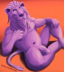 anthro clay clay_creature felid genitals goo_creature hand_on_chest hand_on_leg hand_on_thigh hi_res leaning leaning_backward lion male mammal mane musclegut muscular muscular_male pantherine penis purple_body purple_eyes simple_background sitting smug_grin solo spread_legs spreading tail wontonrhino