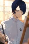  1boy blue_eyes blue_hair canvas_(object) commentary_request easel emblem highres holding holding_pencil kitagawa_yuusuke pencil persona persona_5 shirt solo sparkle sunlight white_shirt window zer00han 