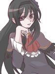  1girl absurdres akemi_homura amai_yume arm_up ascot capelet dress frilled_capelet frills hairband highres long_hair looking_at_viewer mahou_shoujo_madoka_magica mahou_shoujo_madoka_magica:_walpurgis_no_kaiten purple_dress purple_eyes red_ascot solo upper_body very_long_hair white_background 