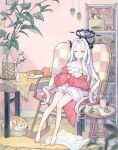  1girl alternate_costume animal barefoot blue_archive book bookshelf candle cardigan cat chair closed_eyes commentary_request cup demon_girl demon_horns dress flower food fork frilled_dress frills halo hina_(blue_archive) horns incense indoors long_hair multiple_horns on_chair parted_bangs pie pillow pink_cardigan plant potted_plant resting rug solo soriya steam table tablecloth towel useless_machine very_long_hair white_dress white_hair 