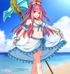  1girl 20nigu adapted_costume bangle bikini bikini_skirt blue_bow blue_ribbon blue_sky blurry blurry_background blush bow bracelet breasts cleavage cloud commentary_request commission doll_on_head feet_out_of_frame frilled_skirt frills hair_ribbon jewelry long_hair looking_at_viewer medium_breasts navel ocean open_mouth outdoors paid_reward_available pink_eyes pink_hair pink_ribbon ragnarok_online ribbon skeb_commission skirt skirt_hold sky smile solo staff standing swimsuit trouvere_(ragnarok_online) two_side_up white_bikini white_skirt 