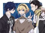  1girl 2boys :o ^_^ adversarial_noise aigis_(persona) argyle_background black_hair black_jacket blonde_hair blue_background blue_eyes blue_hair border brown_shirt closed_eyes clothes_hanger collared_shirt elulit2 gekkoukan_high_school_uniform grin hair_between_eyes hair_slicked_back hairband highres holding holding_clothes_hanger index_finger_raised jacket lapels layered_sleeves long_sleeves mochizuki_ryouji mole mole_under_eye multiple_boys notched_lapels open_clothes open_jacket outside_border persona persona_3 scarf school_uniform shirt short_over_long_sleeves short_sleeves simple_background smile unworn_clothes unworn_shirt upper_body white_border white_shirt wing_collar yellow_eyes yellow_scarf yuuki_makoto_(persona_3) 
