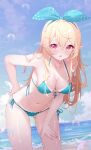  1girl ahoge beach bikini bikini_tan blonde_hair blue_sky breasts cleavage commentary deyui english_commentary front-tie_bikini_top front-tie_top green_ribbon hair_ornament hair_ribbon halterneck highres jewelry long_hair looking_at_viewer medium_breasts navel nijisanji nijisanji_en ocean open_mouth pointy_ears pomu_rainpuff red_eyes ribbon ring side-tie_bikini_bottom sky string_bikini swimsuit tan tanlines virtual_youtuber wedding_ring 