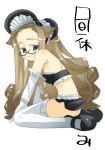  1girl animal_ears black_bonnet black_shoes black_skirt blue_eyes bonnet breasts brown_hair cat_ears cat_girl cat_tail elbow_gloves forehead frilled_bonnet frilled_thighhighs frills gloves hair_intakes highres light_smile long_hair looking_at_viewer mary_janes microskirt original parted_bangs semi-rimless_eyewear shoes side_slit simple_background sitting skirt small_breasts smile solo tail thighhighs veloexotica very_long_hair white_background white_gloves white_thighhighs 