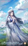  1girl aqua_eyes artist_request black_hair blue_sky bracelet braid character_name chinese_clothes circlet clenched_hand closed_mouth cloud copyright_name earrings english_text expressionless full_body fur_hat grass hand_on_own_chest hanfu hat hat_feather highres jewelry lake light_particles lipstick logo long_hair long_sleeves looking_at_viewer makeup mountainous_horizon nikki_(series) niveous_fragrance_(shining_nikki) official_art pink_lips princess_urlan ring second-party_source shining_nikki side_braids sky solo sparkle standing twin_braids white_hanfu white_hat wide_sleeves 