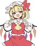  1girl :d ascot blonde_hair blush commentary_request cowboy_shot crystal_wings dot_nose fang flandre_scarlet flat_color half-closed_eyes hands_up hat hat_ribbon highres looking_at_viewer mob_cap open_mouth puffy_short_sleeves puffy_sleeves red_ribbon red_skirt red_vest ribbon short_hair short_sleeves side_ponytail simple_background skin_fang skirt smile smug solo suwa_yasai touhou vest white_background yellow_ascot 