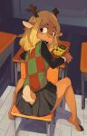 anthro antlers barefoot black_bottomwear black_clothing black_hooves black_skirt blonde_hair bottomwear breasts brown_body brown_fur buckteeth chair checkered checkered_clothing checkered_shirt checkered_topwear classroom clothed clothed_anthro clothed_female clothing cloven_hooves deer deltarune detailed_background dipstick_tail edtropolis electronics eyebrows eyelashes feet female female_anthro freckled_face freckles fully_clothed fully_clothed_anthro fully_clothed_female fur furgonomic_bottomwear furgonomics furniture game_boy_color game_boy_family game_console hair hi_res hooves horn long_ears long_hair looking_aside mammal markings new_world_deer nintendo noelle_holiday on_chair open_mouth pattern_clothing pattern_shirt pattern_topwear raised_tail reindeer school scut_tail shirt short_tail signature sitting sitting_on_chair skirt solo surprise surprised surprised_expression table tail tail_markings technology teeth thick_thighs tongue topwear undertale_(series)