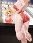  1girl absurdres animal_ears arm_up armpits ass bare_legs bare_shoulders barefoot blonde_hair breasts brown_eyes commentary eimi_isami english_commentary fake_animal_ears fake_tail feet foot_focus glasses hair_ornament hairclip hand_on_own_hip highres indoors large_breasts legs leotard medium_hair mirror nail_polish orange_nails phase_connect playboy_bunny pupi_(rain_prophet) rabbit_tail red_leotard soles solo standing standing_on_one_leg strapless strapless_leotard tail toenail_polish toenails toes x_hair_ornament 