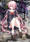 1girl bow breasts chaos;child chest_bow collarbone d_midiror dated dress dress_vest hair_bow hair_over_one_eye hair_ribbon hekiho_academy hekiho_academy_school_uniform jacket knees_together_feet_apart long_hair minamisawa_senri multiple_hair_bows pink_hair red_eyes ribbon school_emblem school_uniform signature small_breasts solo third-party_source twintails 