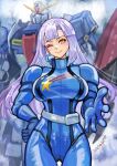  1girl absurdres aeug beam_rifle blue_background bodysuit breasts brown_eyes commentary_request cowboy_shot dated earrings energy_gun gundam gundam_zz highres jewelry long_hair looking_at_viewer mecha mecha_pilot_suit medium_breasts mobile_suit normal_suit_(gundam) okrdisk2000 purple_hair robot roux_louka science_fiction smile star_(symbol) star_print weapon zeta_gundam zeta_gundam_(mobile_suit) 