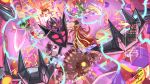  1girl :&gt; brown_hair claws closed_eyes closed_mouth commission cube elbow_gloves fire gallade glasses gloves highres hisuian_lilligant holding holding_poke_ball indeedee indeedee_(female) jacket mochachiiino necrozma necrozma_(dawn_wings) open_clothes open_jacket open_mouth original pixiv_commission poke_ball pokemon pokemon_(creature) red_eyes red_jacket signature smile torkoal ursaluna watermark white_gloves 