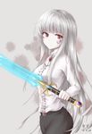  2014 47_(479992103) absurdres belt dated demon_(maplestory)_(avenger) eyebrows_visible_through_hair grey_eyes highres holding holding_sword holding_weapon long_hair looking_at_viewer maplestory red_eyes shirt signature silver_hair simple_background solo sword weapon white_shirt 