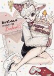  1girl ;d abingbeey animal_head barbara_(reverse:1999) bare_legs birthday_cake black_skirt brown_eyes cake character_name chin_strap confetti dated food full_body grey_vest hair_ornament hand_up hat heart highres holding holding_cake holding_food horizontal_pupils looking_at_viewer miniskirt notebook one_eye_closed open_mouth party_hat pillow red_hat reverse:1999 sheep_girl sheep_hair_ornament sheep_head sheep_slippers shirt signature sitting skirt sleeves_past_fingers sleeves_past_wrists slippers smile solo vest white_shirt white_slippers yokozuwari 