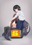  1girl absurdres black_hair black_skirt colored_inner_hair commentary crying ellen_joe ellen_joe_(on_campus) fins fish_tail full_body grey_background highres looking_at_viewer meisaki mole mole_under_eye multicolored_hair no_shoes official_alternate_costume pleated_skirt razor_blade_hair_ornament red_eyes red_hair scar scar_on_tail see-through_clothes see-through_legwear shark_girl shark_tail shirt short_hair simple_background single_thighhigh sitting skirt solo tail thighhighs thighs white_shirt zenless_zone_zero 