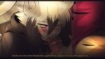 anthro blush domestic_cat duo english_text erection ereki_kagami eyebrows felid feline felis fellatio genitals hair male male/male mammal munkeesgomu munks_(munkeesgomu) one_eye_closed oral penile penis purple_eyes sex text white_hair