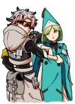  1boy 1girl armband belt_pouch bjsaper black_hair blue_cloak cloak coco_(tongari_boushi_no_atelier) colored_tips dress gachiakuta gloves green_eyes green_hair grey_gloves hat highres hood hood_down hoodie long_sleeves medium_hair multicolored_hair open_mouth pants pouch qifrey&#039;s_atelier_apprentice_uniform red_eyes ringed_eyes rudo_surebrec short_hair simple_background spiked_hair tongari_boushi_no_atelier two-tone_hair white_dress white_hair white_pants witch witch_hat yellow_armband 