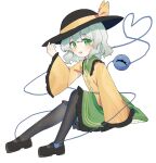  1girl absurdres black_hat black_pantyhose black_shoes blush buttons collared_shirt commentary_request diamond_button eyeball frilled_shirt_collar frilled_skirt frilled_sleeves frills green_eyes green_hair green_skirt hat hat_ribbon heart heart_of_string highres kitahara_(pixiv_19528441) komeiji_koishi long_sleeves looking_at_viewer mary_janes medium_hair open_mouth pantyhose ribbon shirt shoes simple_background skirt solo third_eye touhou white_background wide_sleeves yellow_ribbon yellow_shirt 