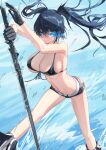  1girl alternate_breast_size au11 azur_lane bikini bikini_top_only black_gloves black_hair black_rock_shooter black_rock_shooter_(character) black_shorts breasts commentary_request flaming_eye front-tie_top gloves glowing glowing_eye hair_between_eyes highres holding holding_sword holding_weapon large_breasts looking_at_viewer micro_shorts navel no_shirt ocean shorts solo stitches swimsuit sword thighs twintails water weapon 