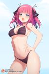  &gt;:o 1girl armpits bangs bikini black_ribbon blue_eyes blunt_bangs blush breasts cleavage contrapposto cowboy_shot fingernails go-toubun_no_hanayome hands_on_hips large_breasts long_fingernails looking_at_viewer medium_hair nakano_nino navel open_mouth outdoors patreon_logo pink_hair ribbon sidelocks solo striped striped_bikini sweatdrop swimsuit two_side_up waero 