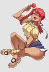  1girl :d arm_up bare_legs bare_shoulders blue_eyes blue_ribbon blue_skirt blush ceroccb collarbone crop_top detached_sleeves feet frilled_sleeves frills full_body grey_background hair_between_eyes hair_bun hair_ornament highres legs looking_at_viewer midriff miniskirt official_alternate_costume open_mouth platform_sandals pokemon pokemon_masters_ex puffy_short_sleeves puffy_sleeves red_eyes red_hair ribbon sandals shadow short_sleeves sidelocks simple_background single_hair_bun skirt skyla_(pokemon) skyla_(summer_2025)_(pokemon) smile solo thighs toenails toes 