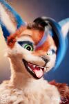  3d_(artwork) anthro bangs black_hair blue_body blue_fur blue_hair bodily_fluids chest_tuft cinema_4d_(artwork) close-up daytia digital_media_(artwork) drooling expressive eyebrows fangs fluffy fur fur_markings gradient_background green_eyes hair hair_over_eye hi_res high_detail looking_at_viewer male markings mouth_shot multicolored_hair open_mouth portrait red_body red_fur rexouium saliva sharp_teeth short_hair simple_background solo swept_bangs teeth text tongue tuft upper_body url white_body white_fur 