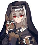  1girl anpoai arknights black_headscarf black_nails chain chinese_commentary commentary_request fingernails gold gold_chain grey_hair hair_between_eyes headscarf highres holding long_hair long_sleeves looking_at_viewer nail_polish open_mouth red_eyes smile solo specter_(arknights) stuffed_animal stuffed_toy upper_body 
