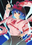  1girl absurdres black_background black_hat black_skirt blue_hair bow capelet closed_mouth commentary_request frilled_capelet frilled_shawl frills gradient_background hat hat_bow highres index_finger_raised leftame lightning long_sleeves looking_at_viewer nagae_iku pink_capelet pink_shirt red_bow red_eyes shawl shirt short_hair skirt smile solo touhou 