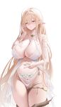  1girl absurdres ahoge azur_lane bare_shoulders between_breasts blonde_hair blush bra branch breasts cleavage collarbone commentary earrings elf gem gold_thighlet gouden_leeuw_(azur_lane) green_gemstone hair_between_eyes halterneck hand_in_own_hair hand_on_own_stomach hand_up hei_wuchang highres huge_breasts jewelry long_hair looking_at_viewer mole mole_under_eye navel no_panties parted_lips pelvic_curtain pointy_ears pubic_tattoo purple_eyes revealing_clothes see-through_clothes sidelocks simple_background single_earring solo standing stomach tattoo thighs underwear very_long_hair white_background white_bra 