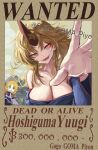  2girls absurdres blonde_hair breasts brown_shirt cleavage commentary_request go_go_gomapiyo green_eyes highres horns hoshiguma_yuugi hoshiguma_yuugi_(kimono) large_breasts long_hair looking_at_viewer mizuhashi_parsee multiple_girls open_mouth orange_eyes pointy_ears reaching reaching_towards_viewer red_horns shirt single_horn smile star_(symbol) touhou upper_body wanted_poster 
