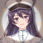  1girl :d bambietta_basterbine black_eyes black_hair bleach bleach:_sennen_kessen-hen blush commentary deadman70232800 eyelashes hair_between_eyes happy hat highres long_hair looking_at_viewer military_hat military_uniform open_mouth peaked_cap portrait shadow shirt simple_background smile solo spotlight star_(symbol) straight_hair suit teeth upper_teeth_only white_background white_hat white_shirt white_suit 