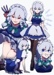  1girl apron aqua_bow aqua_bowtie between_fingers blue_eyes bow bowtie braid breasts cropped_torso full_body grey_hair hair_between_eyes hair_bow high_heels highres holding holding_knife iganashi1 izayoi_sakuya knife knives_between_fingers leaning_forward looking_at_viewer looking_back maid maid_apron medium_breasts multiple_views pantyhose red_eyes short_hair smile standing teeth throwing_knife touhou twin_braids waist_apron weapon 