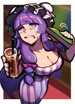  1girl blunt_bangs book breasts bun_cover cleavage collarbone crescent crescent_hair_ornament crescent_hat_ornament cup double_bun dress drinking_glass drinking_straw hair_bun hair_ornament hat hat_ornament highres iganashi1 large_breasts library long_sleeves mob_cap patchouli_knowledge purple_dress purple_eyes purple_hair purple_hat robe soda solo striped_clothes striped_dress touhou vertical-striped_clothes vertical-striped_dress 