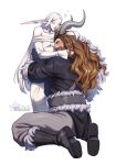 blush blush_lines brown_hair clothed clothing duo elf eyebrows facial_hair female hair hi_res horn horned_humanoid humanoid humanoid_on_humanoid humanoid_pointy_ears long_hair male male/female not_furry plna pointy_ears simple_background white_background white_hair
