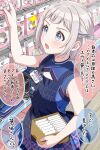  1girl absurdres animate_(company) arm_up armpit_crease bare_arms blue_dress blue_eyes blue_ribbon blush box braid breasts cleavage_cutout clothing_cutout commentary_request crouching_start denim_apron dress employee_uniform gakuen_idolmaster grey_hair hair_ribbon half_up_braid highres holding holding_box idolmaster indoors katsuragi_lilja medium_breasts name_tag open_mouth ribbon shelf short_hair sidelocks sleeveless sleeveless_dress solo sparkle speech_bubble translation_request 