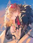  1boy 1girl arm_armor arm_around_back assertive_female bare_shoulders black_gloves blonde_hair blue_eyes breasts brown_hair cleavage closed_mouth clothes_grab coat commentary_request crystal_earrings detached_sleeves dress earrings flower from_side fur-trimmed_coat fur_trim genshin_impact gloves grey_coat hair_flower hair_ornament height_difference hetero highres imminent_kiss jewelry looking_at_another lumine_(genshin_impact) mask mask_on_head outdoors parted_lips partially_fingerless_gloves qilu_xunhua red_mask red_scarf scarf short_hair short_hair_with_long_locks tartaglia_(genshin_impact) upper_body white_dress 