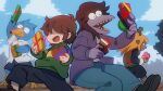 1boy 1other 2girls 365mimimi :v ^_^ animal_ears antlers barefoot beak berdly_(deltarune) bird_boy black_shoes blonde_hair blue_feathers blue_pants blue_sky box brown_fur brown_hair brown_shoes buck_teeth checkered_clothes checkered_vest chocolate closed_eyes cloud collared_shirt colored_skin deer_antlers deer_ears deer_girl deltarune denim feathers food freckles furry furry_female gift gift_box glasses green_sweater happy happy_valentine heart-shaped_box highres holding holding_box holding_chocolate holding_food horns jacket jeans kris_(deltarune) long_hair medium_hair multiple_girls noelle_holiday open_clothes open_jacket open_mouth pants purple_jacket purple_scales purple_skin reindeer_antlers reindeer_girl reptile_girl shaded_face sharp_teeth shirt shoes shorts single_horizontal_stripe skirt sky smile susie_(deltarune) sweater teeth tree two-tone_sweater_vest vest wide-eyed 
