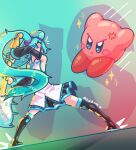  1boy 1girl aimaay anger_vein aqua_eyes aqua_nails aqua_necktie artist_name black_boots black_skirt black_sleeves blush boots collared_shirt commentary crossover detached_sleeves english_commentary fighting guitar hatsune_miku highres holding holding_guitar holding_instrument instrument kirby kirby_(series) long_hair long_sleeves miniskirt necktie pleated_skirt shadow shiny_skin shirt skirt sleeveless sleeveless_shirt star_(symbol) thigh_boots twintails very_long_hair vocaloid white_shirt 