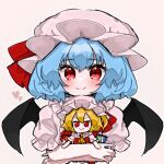  1girl ascot bat_wings blue_hair collared_shirt commentary_request fang flandre_scarlet frilled_shirt_collar frills fumo_(doll) hair_between_eyes hat hat_ribbon heart highres koharu66353343 light_blush looking_at_viewer mob_cap pink_hat pink_shirt puffy_short_sleeves puffy_sleeves red_ascot red_eyes red_ribbon red_vest remilia_scarlet ribbon shirt short_hair short_sleeves smile solo touhou upper_body vest wings yellow_ascot 